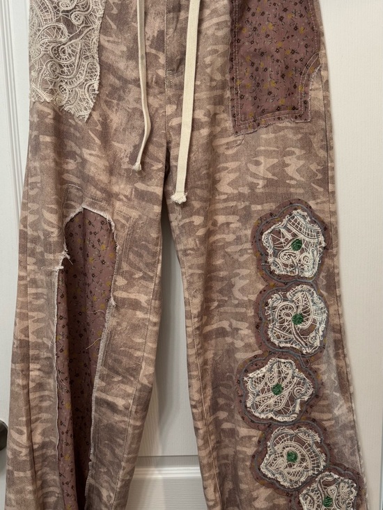 POL Denim - POL Beige Patchwork Flared Jeans with Lace Appliqué